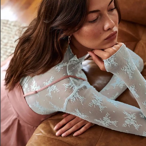 LAST ONE! LT BLUE LS Illusion Lace Top - Picture 3 of 5